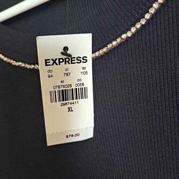 Express Women's XL Black Long Sleeve Rib Knit Sweater Dress Rhinestone Trim NEW - Picture 5 of 7